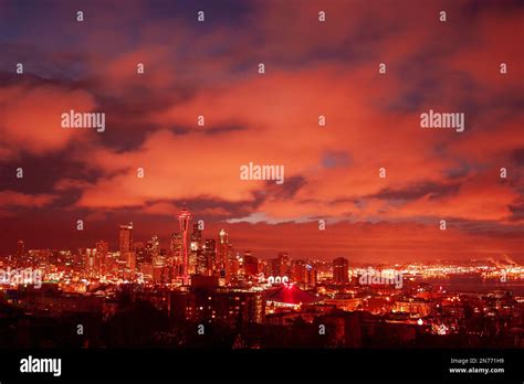 Valentine's Day view from Kerry Park of the nighttime Seattle skyline, Washington, USA, (2005 ...