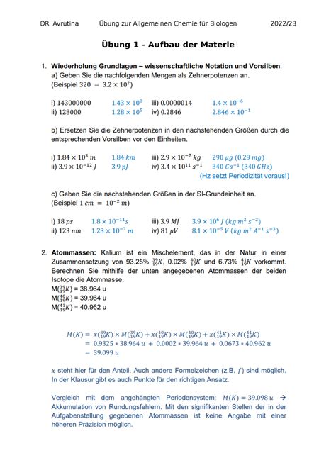 Übung 1 Chemie für Biologen Übung 1 Aufbau der Materie 1