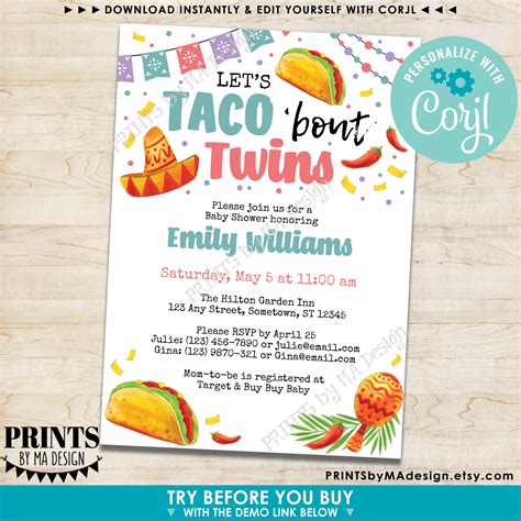 Twins Baby Shower Invitation Lets Taco Bout Twins Fiesta One