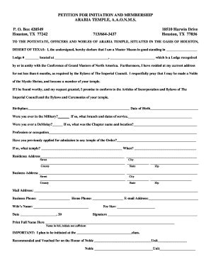 Fillable Online Shriners Houston PETITION FOR INITIATION AND MEMBERSHIP