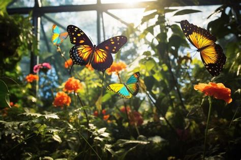 Premium AI Image | butterflies in a greenhouse with flowers and plants