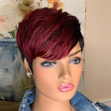 Red Burgundy 99j Ombre Color Short Wavy Bob Pixie Cut Wigs Full Machine Made Non Lace Human Hair