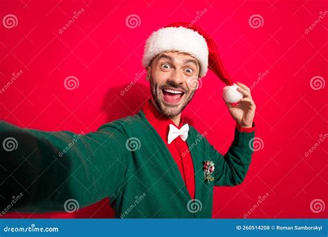 Photo Of Positive Funny Man Wear X Mas Bowtie Green Cardigan Recording Noel Greetings Isolated