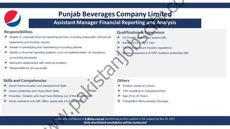 Punjab Beverages Co Ltd Jobs Assistant Manager Financial Reporting And Analysis