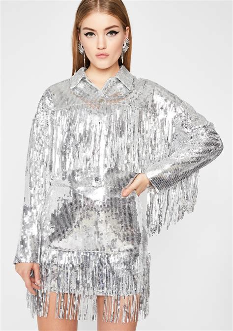 Sequin Fringe Jacket Crop Silver Dolls Kill