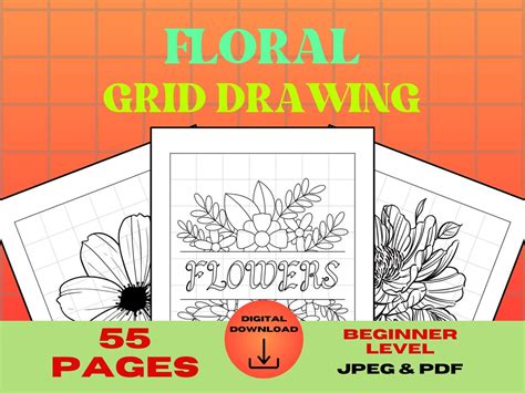 Grid Drawing Worksheets for Learning Floral Illustration, Beginner ...