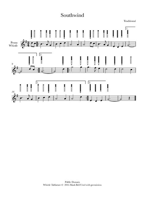 The South Wind Sheet Music For Tin Whistle