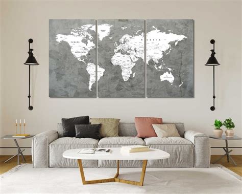 Gray World Map Decor For Home World Map Art For Gift World Etsy