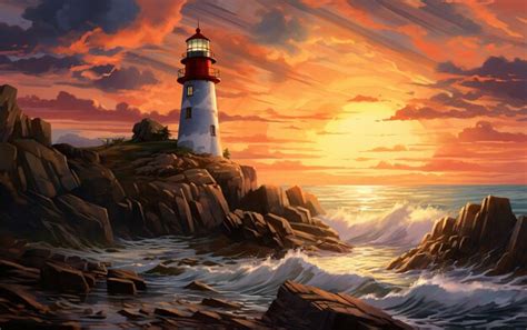 Premium AI Image | a painting of a lighthouse on a sunset background