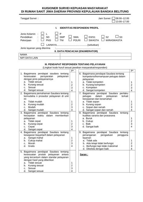 Pdf Kuisioner Survei Kepuasan Masyarakat Di Rumah Sakit Rsj