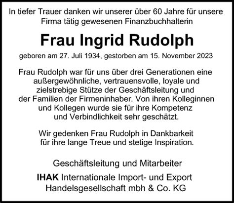 Traueranzeigen Von Ingrid Rudolph HamburgerTRAUER De