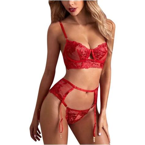 Lingerie femme Ensemble de soutien gorge jarretière culotte en maille