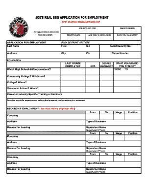 Fillable Online JOES REAL BBQ APPLICATION FOR EMPLOYMENT Fax Email