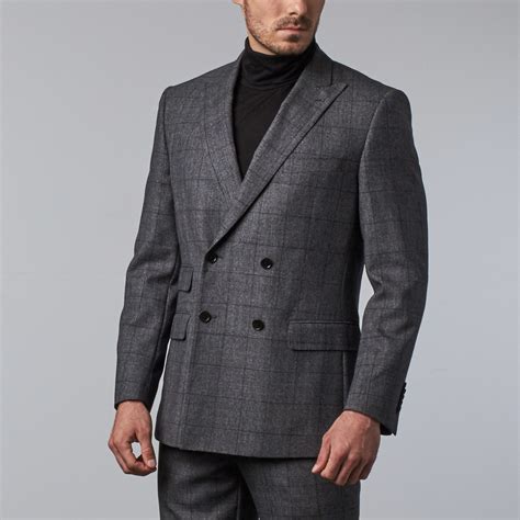 Windowpane Double Breasted Peak Lapel Suit Grey Us 36r English