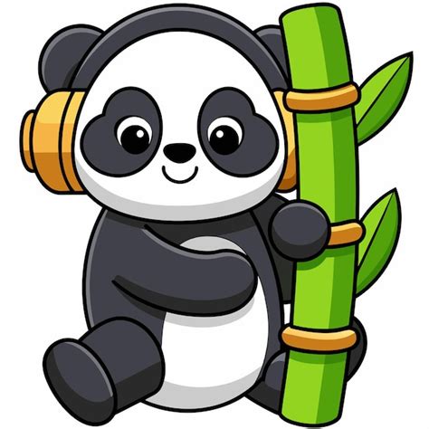 Cute Panda Hug Bamboo Com Fone De Ouvido Cartoon Icon Vector Ilustração