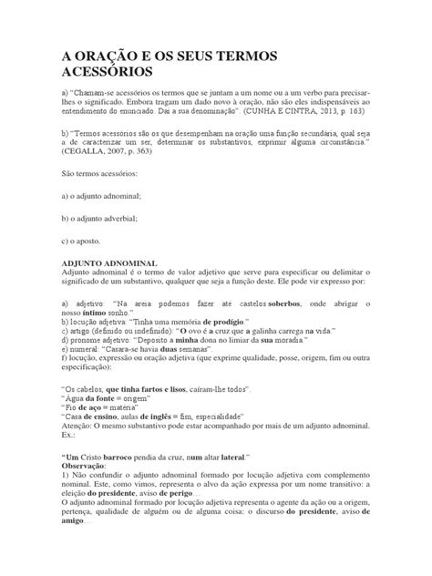 Termos Acessórios da Oração: Guia Completo | PDF | Substantivo | Advérbio