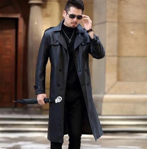 Winter Slim Motorcycle Long Leather Coats Men Casual Double Breasted Coat Mens Leather Trench