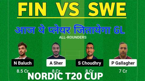 FIN VS SWE DREAM11 PREDICTION FIN VS SWE DREAM 11 TEAM NORDIC T20