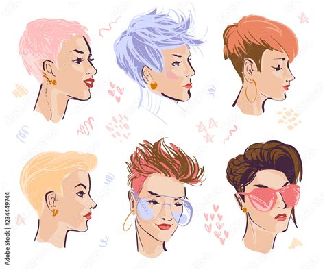 Vector set of hand drawn young beautiful ladies with modern pixie cut ...