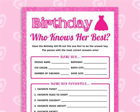 Who Knows The Birthday Girl Best Girl Birthday Questionnaire Activity