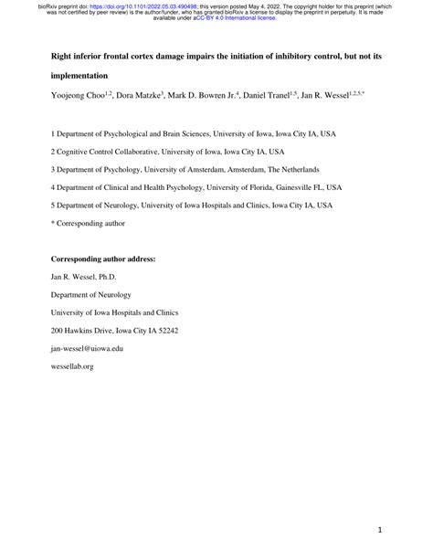 (PDF) Right inferior frontal cortex damage impairs the initiation of inhibitory control, but not ...