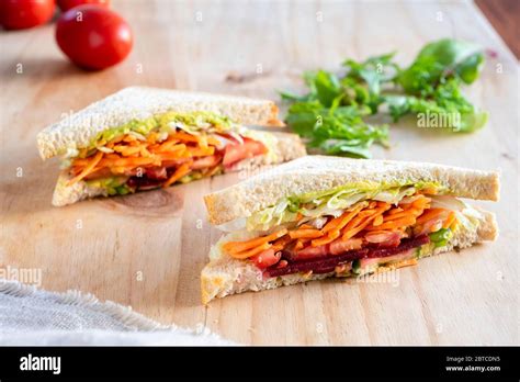 Salad Sandwich With Carrot Lettuce Tomato And Beetroot On Whole Meal