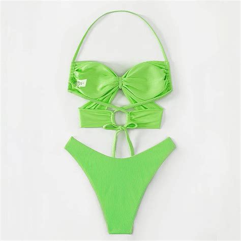 Reiner Bikini Badeanzug Mit Hoher Taille Um Den Hals Geraffter Damen