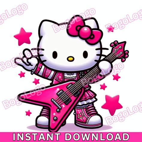 Hello Rockstar Kitty Png Pink Guitar Pink Stars Png Pink Rock Out Png