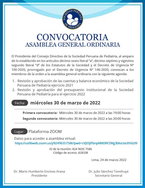 CONVOCATORIA ASAMBLEA GENERAL ORDINARIA SOCIEDAD PERUANA DE PEDIATRÍA