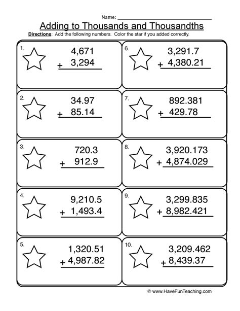 Adding Thousands Thousandths Worksheet Have Fun Teaching Worksheets