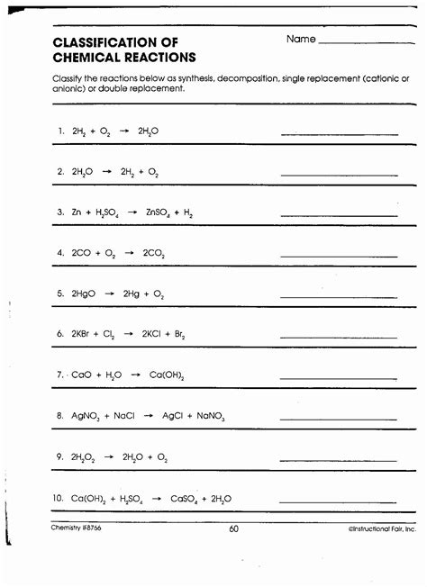 Types Of Chemical Reaction Activity Sheets