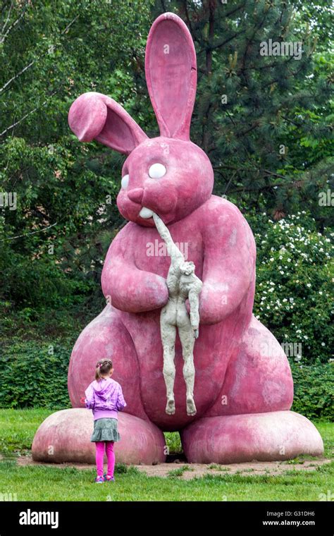 Czech Modern Sculpture Outdoor Statue Of Pink Rabbit That Eats Human By