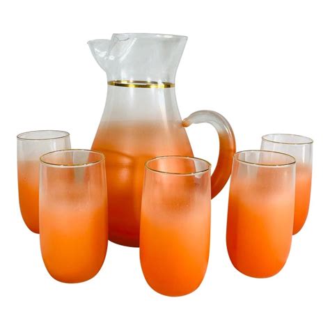 Vintage Blendo Orange Frosted Glass Pitcher And Tumblers Set 6 Pieces Chairish