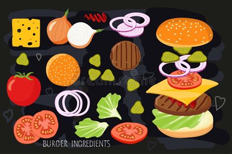 Ilustração Do Vetor Do Hamburguer E Do Ingrediente Ilustração do Vetor