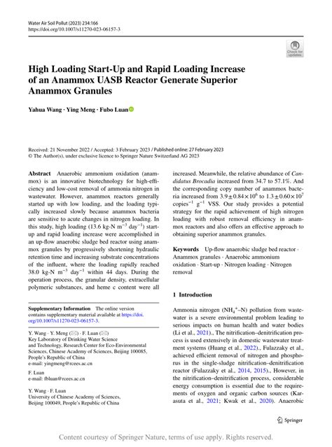 High Loading Start-Up and Rapid Loading Increase of an Anammox UASB ...