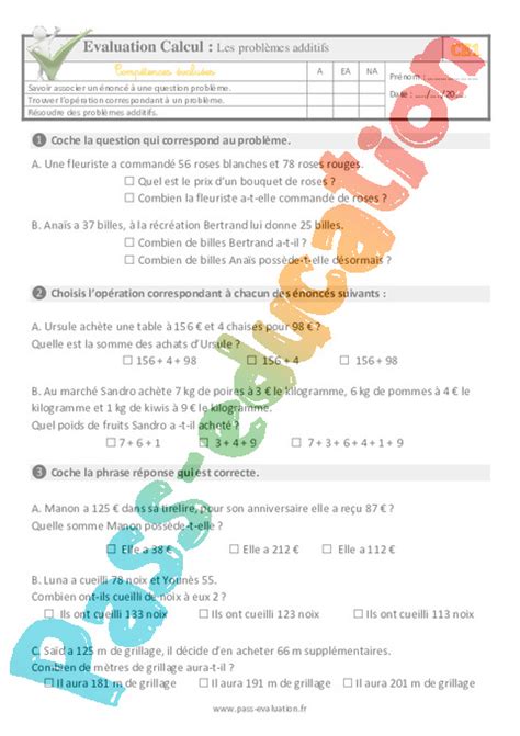 Evaluation Quiz Qcm Math Matiques Ce Pdf Imprimer