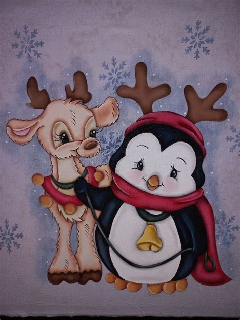 A Painting Of Two Penguins With Reindeer Antlers On Their Heads One