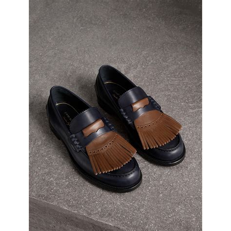 Burberry Contrast Kiltie Fringe Leather Loafers In Navydark Tan Brown For Men Lyst