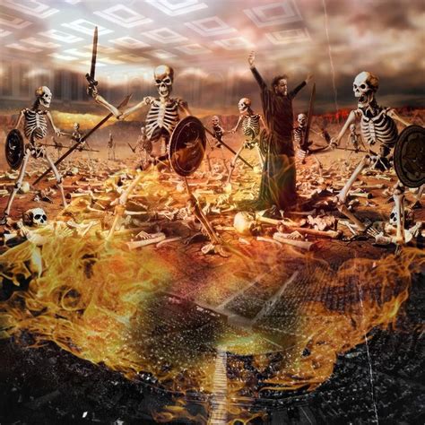 A Group Of Skeletons Standing In The Middle Of A Field With Fire And