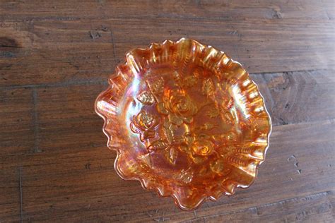 Imperial Glass Footed Ruffled Rose Carnival Bowl Marigold Etsy