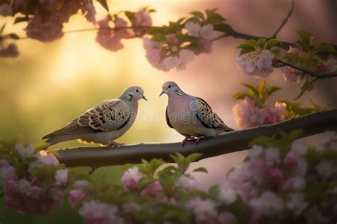 Two Turtle Doves On Tree Branch With Pink Flowers Stock Illustration Illustration Of Love