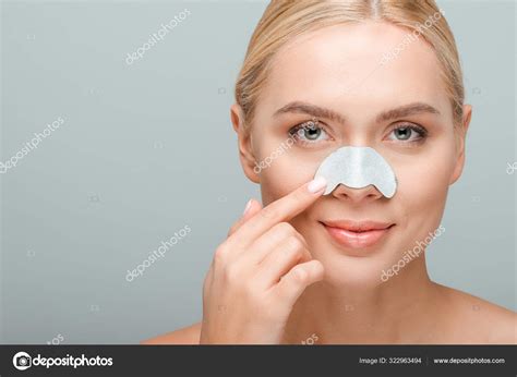 Naked Woman Pointing Finger Nose Strip Face Isolated Grey Stock Photo HayDmitriy