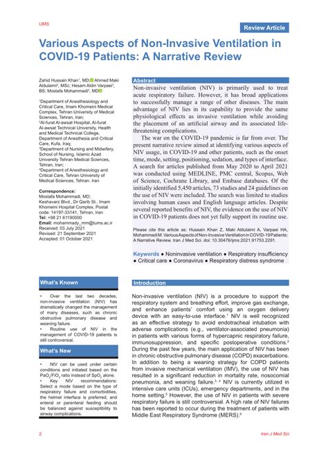 (PDF) Various Aspects of Non-Invasive Ventilation in COVID-19 Patients: A Narrative Review