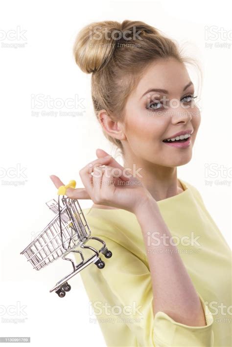 Woman Holding Small Shopping Cart Stock Photo Download Image Now