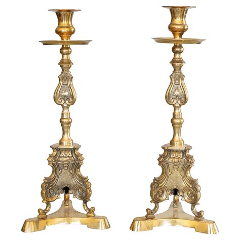 Antique Pair Of Brass Gothic Church Altar Candlesticks For Sale At