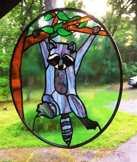 Panel Zinc Framed Stained Glass Raccoon Hanging Panel In 2021 Stained Glass Diy Faux