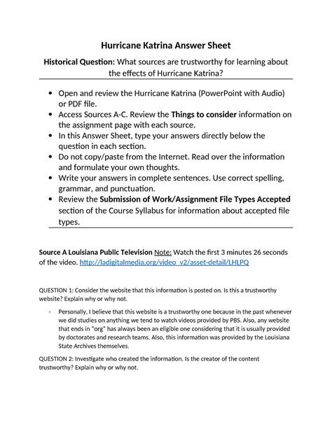 Hurricane Katrina Source Evaluation Answer Sheet Hurricane Katrina