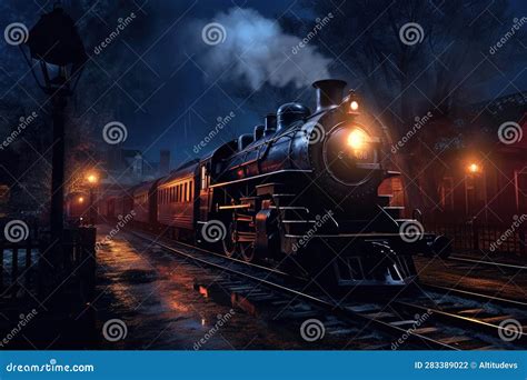 Night Shot of Steam Train with Glowing Lights Stock Illustration ...