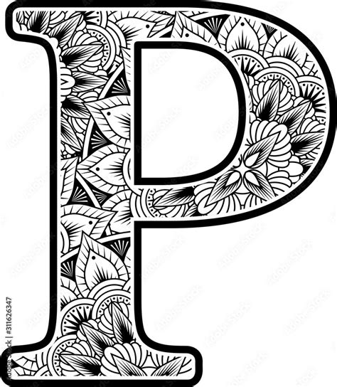 Capital Letter P With Abstract Flowers Ornaments In Black And White