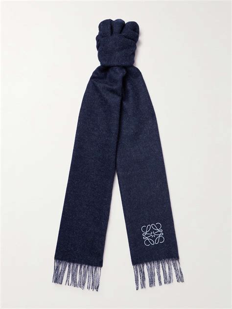 Loewe Fringed Logo Embroidered Two Tone Wool And Cashmere Blend Scarf